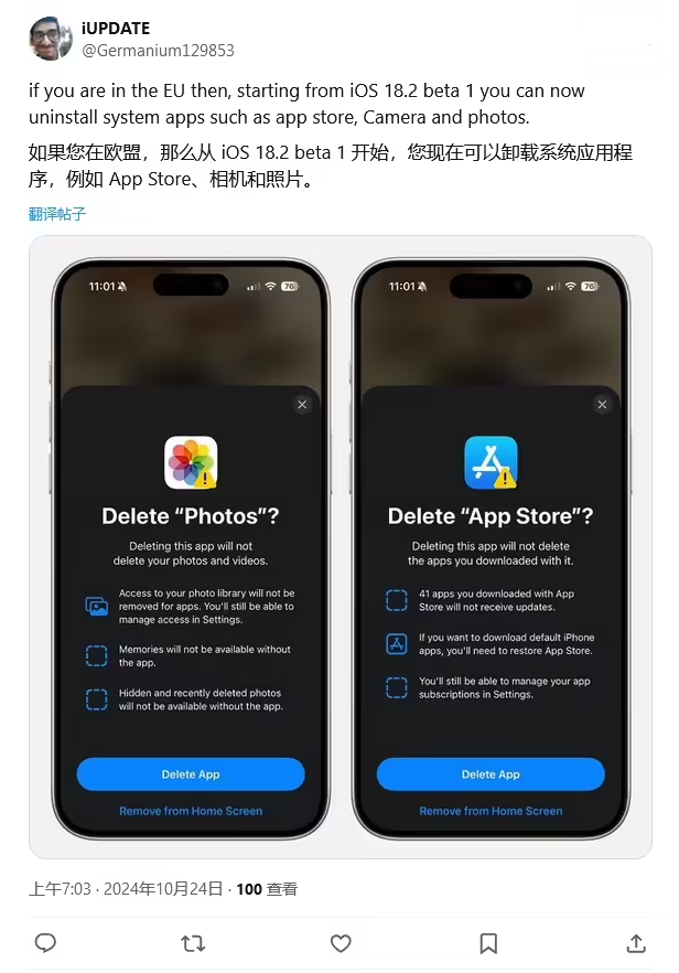 博尔塔拉苹果手机维修分享iOS 18.2 支持删除 App Store 应用商店 