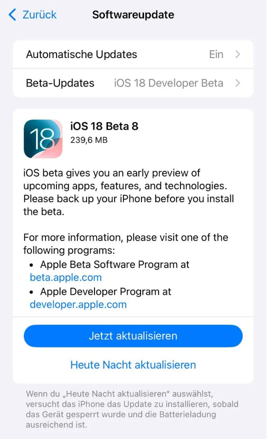 博尔塔拉苹果手机维修分享苹果 iOS / iPadOS 18 开发者预览版 Beta 8 发布 